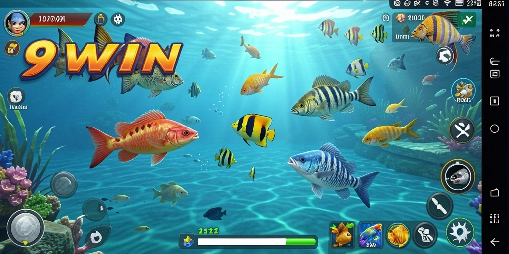 Screenshot 9WIN menampilkan aksi seru menangkap ikan di lautan.