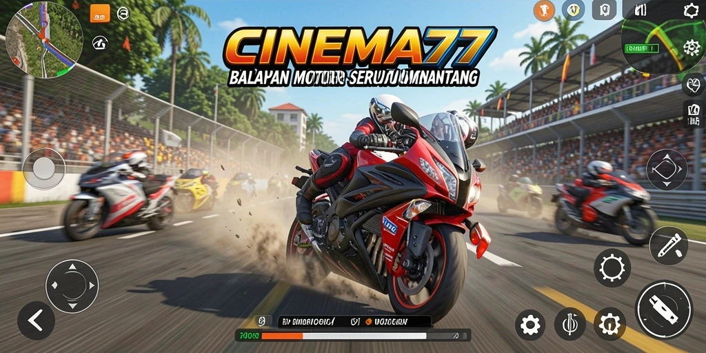 Tampilan gameplay CINEMA77 dengan aksi balapan motor yang mendebarkan.