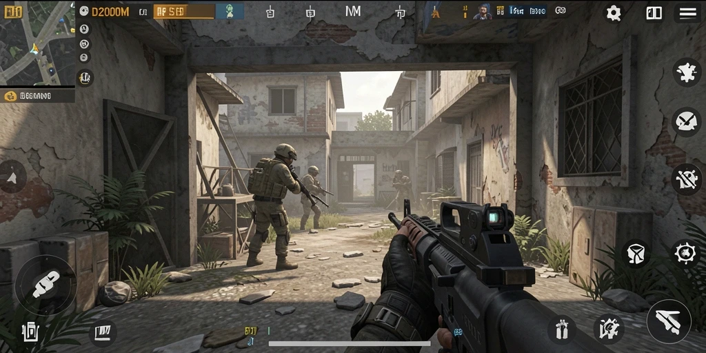 Tampilan gameplay menembak yang intens di D200M dengan efek visual yang menakjubkan.