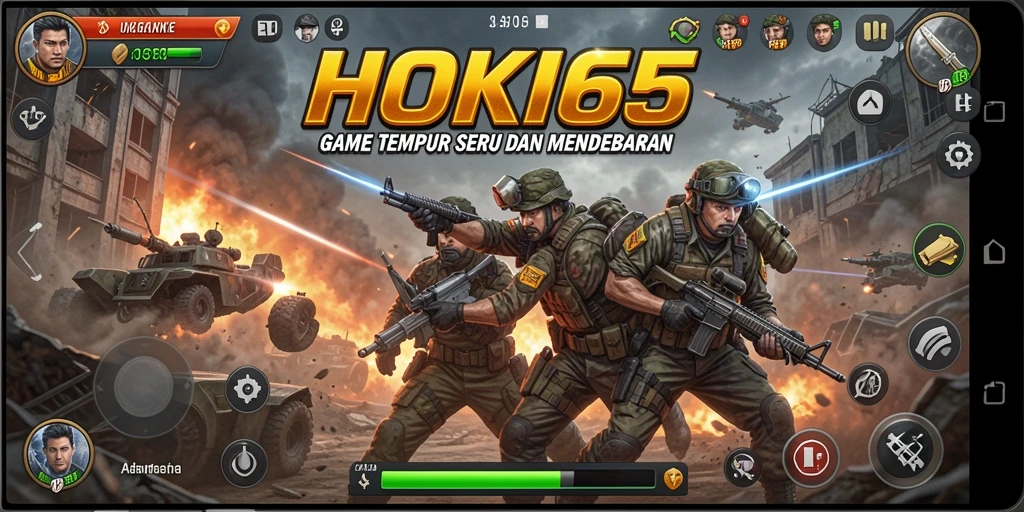 Screenshot utama HOKI65 menampilkan aksi pertempuran seru dalam gameplay TPS.