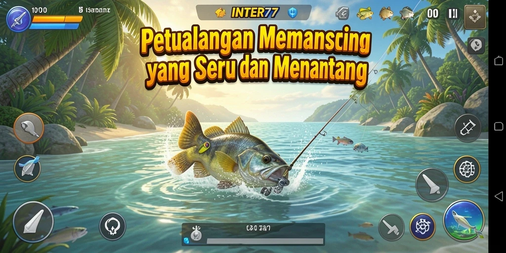 Screenshot utama INTER77 menunjukkan aksi seru dalam memancing ikan.