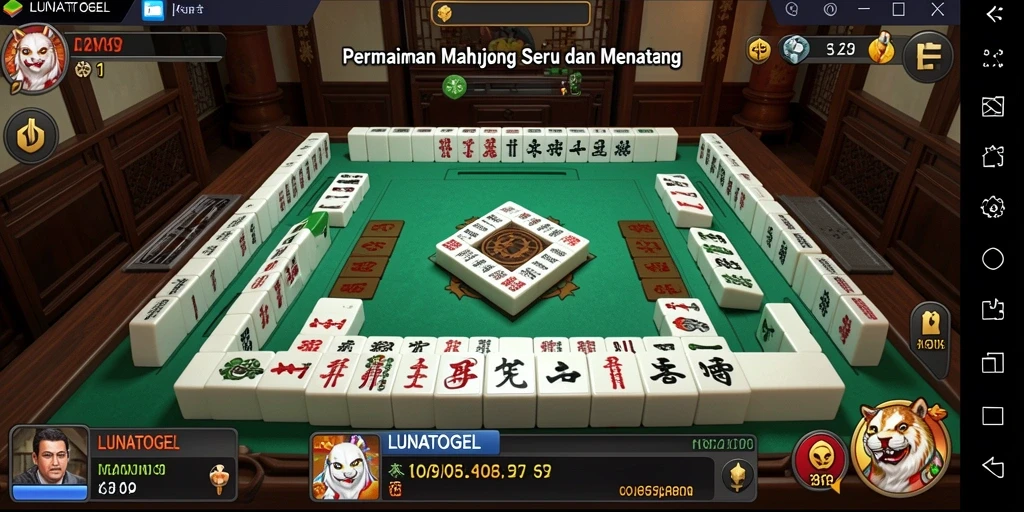 Tampilan screenshot gameplay LUNATOGEL menampilkan ubin Mahjong yang berwarna-warni.